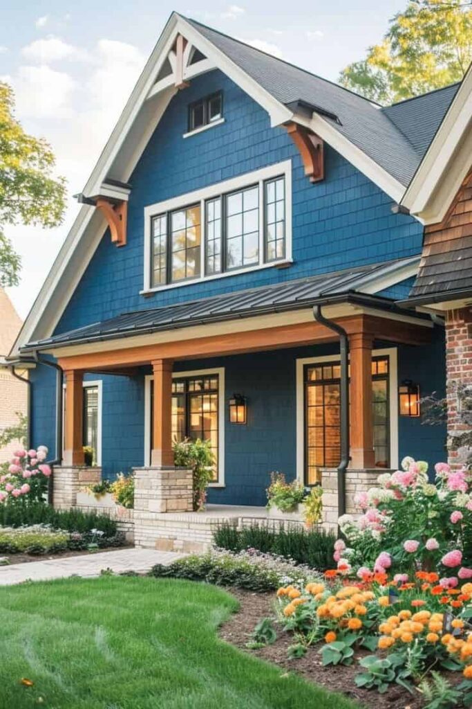 An image of Dark blue house with a warm cedar front porch.