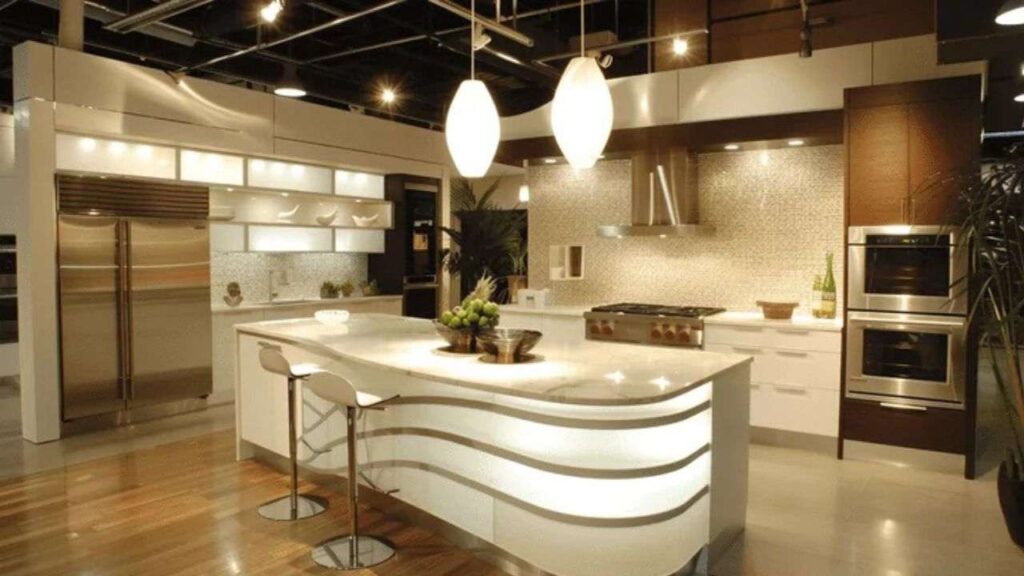 Jami Gertz house kitchen with marble island