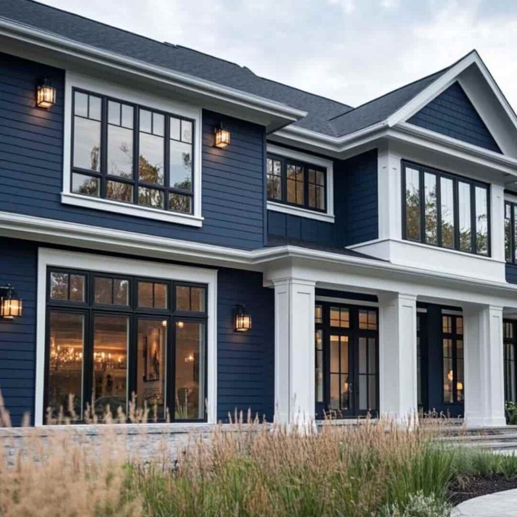an image of a Blue house with black windows and crisp white trim.
