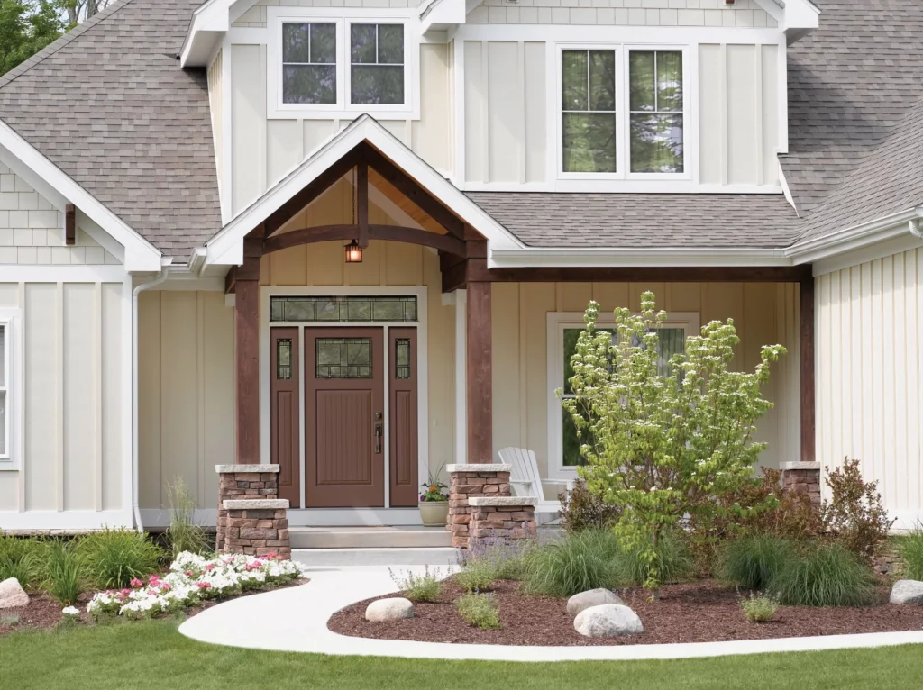 An image of a Black windows with white trim and natural wood accents.